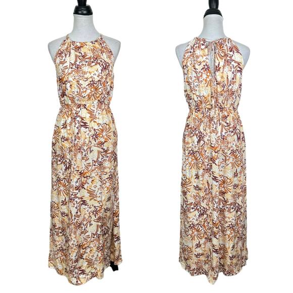 Joie | Orange & Brown Floral Print Halter Neck Sleeveless High Waist Maxi Dress - Picture 1 of 8